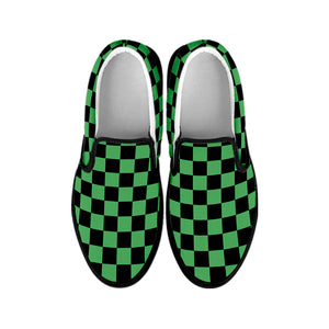 Green And Black Checkered Pattern Print Black Slip On Shoes