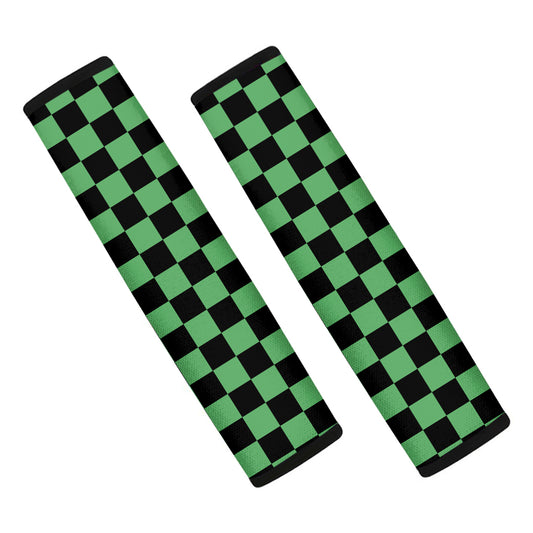 Green And Black Checkered Pattern Print Car Seat Belt Covers