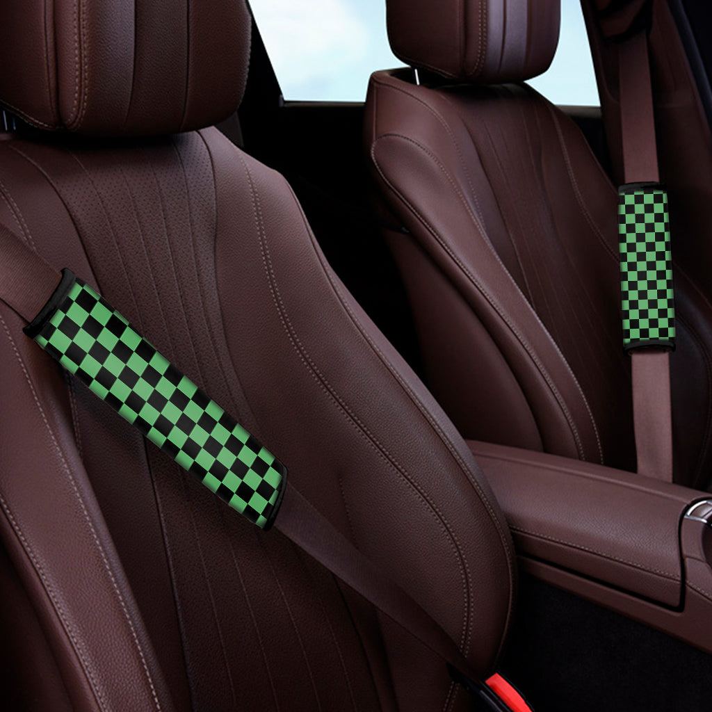 Green And Black Checkered Pattern Print Car Seat Belt Covers