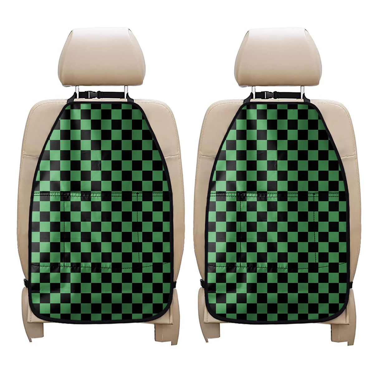 Green And Black Checkered Pattern Print Car Seat Organizers