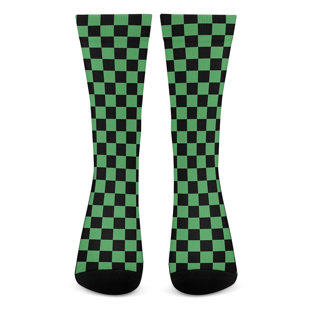 Green And Black Checkered Pattern Print Crew Socks