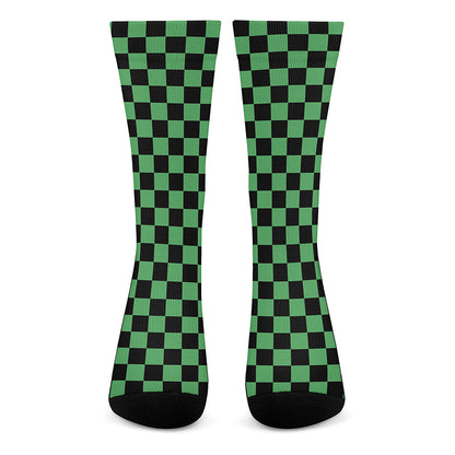 Green And Black Checkered Pattern Print Crew Socks
