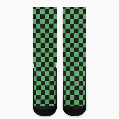 Green And Black Checkered Pattern Print Crew Socks