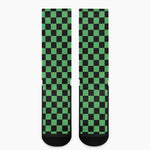 Green And Black Checkered Pattern Print Crew Socks