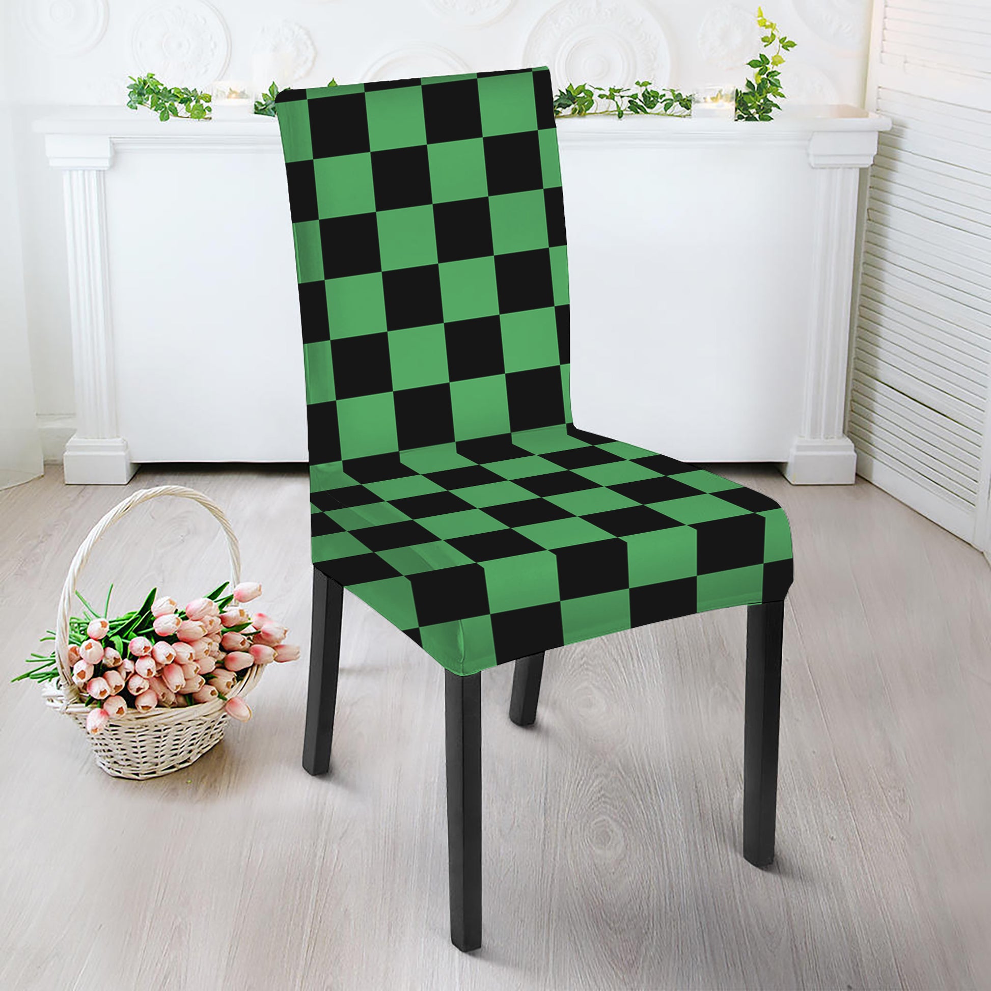 Green And Black Checkered Pattern Print Dining Chair Slipcover