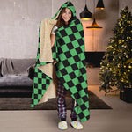Green And Black Checkered Pattern Print Hooded Blanket