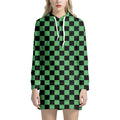 Green And Black Checkered Pattern Print Pullover Hoodie Dress