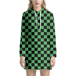 Green And Black Checkered Pattern Print Hoodie Dress