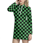 Green And Black Checkered Pattern Print Hoodie Dress
