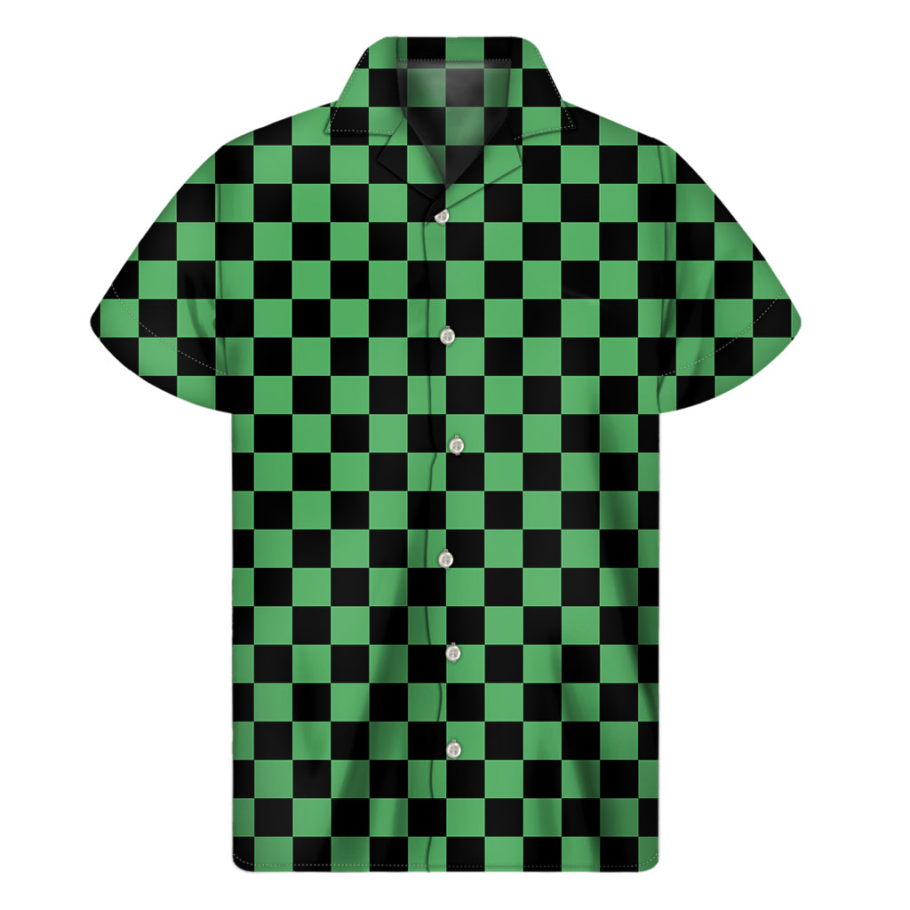 Green And Black Checkered Pattern Print Men's Short Sleeve Shirt