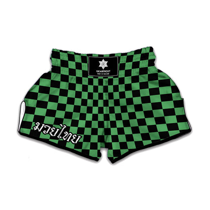 Green And Black Checkered Pattern Print Muay Thai Boxing Shorts