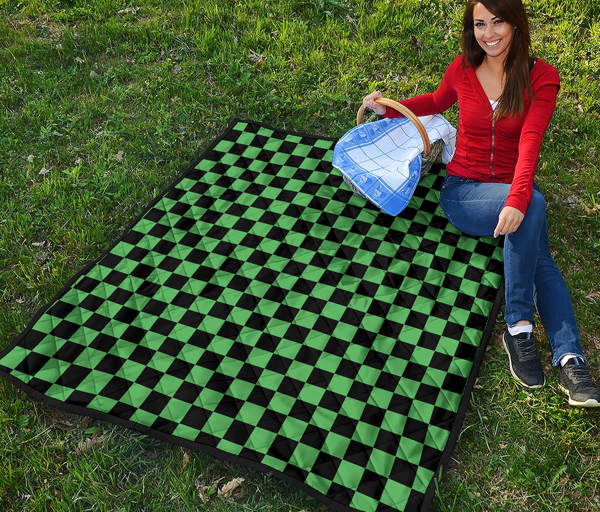 Green And Black Checkered Pattern Print Quilt
