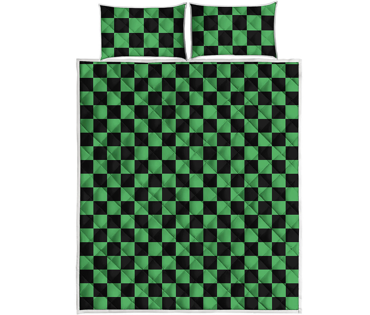 Green And Black Checkered Pattern Print Quilt Bed Set