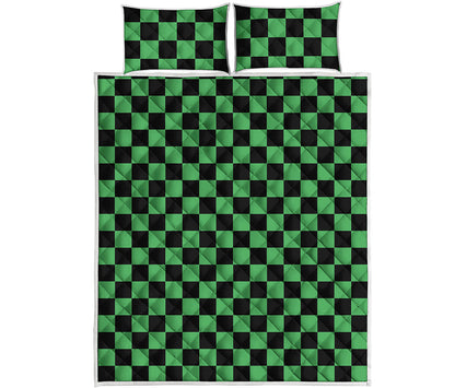 Green And Black Checkered Pattern Print Quilt Bed Set