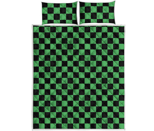 Green And Black Checkered Pattern Print Quilt Bed Set