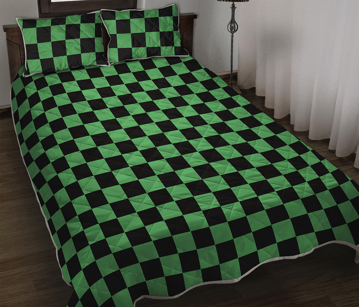 Green And Black Checkered Pattern Print Quilt Bed Set