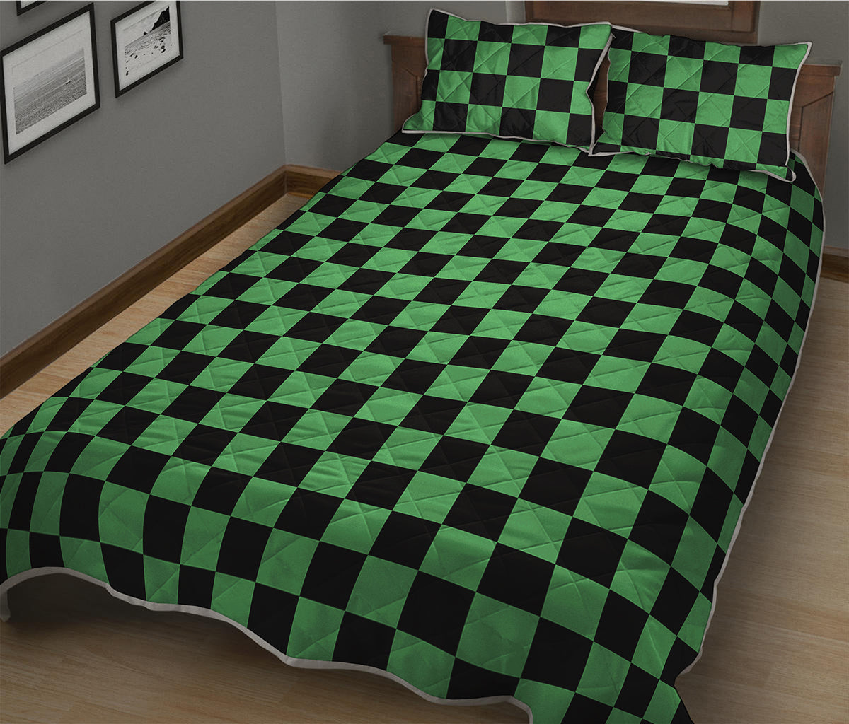 Green And Black Checkered Pattern Print Quilt Bed Set
