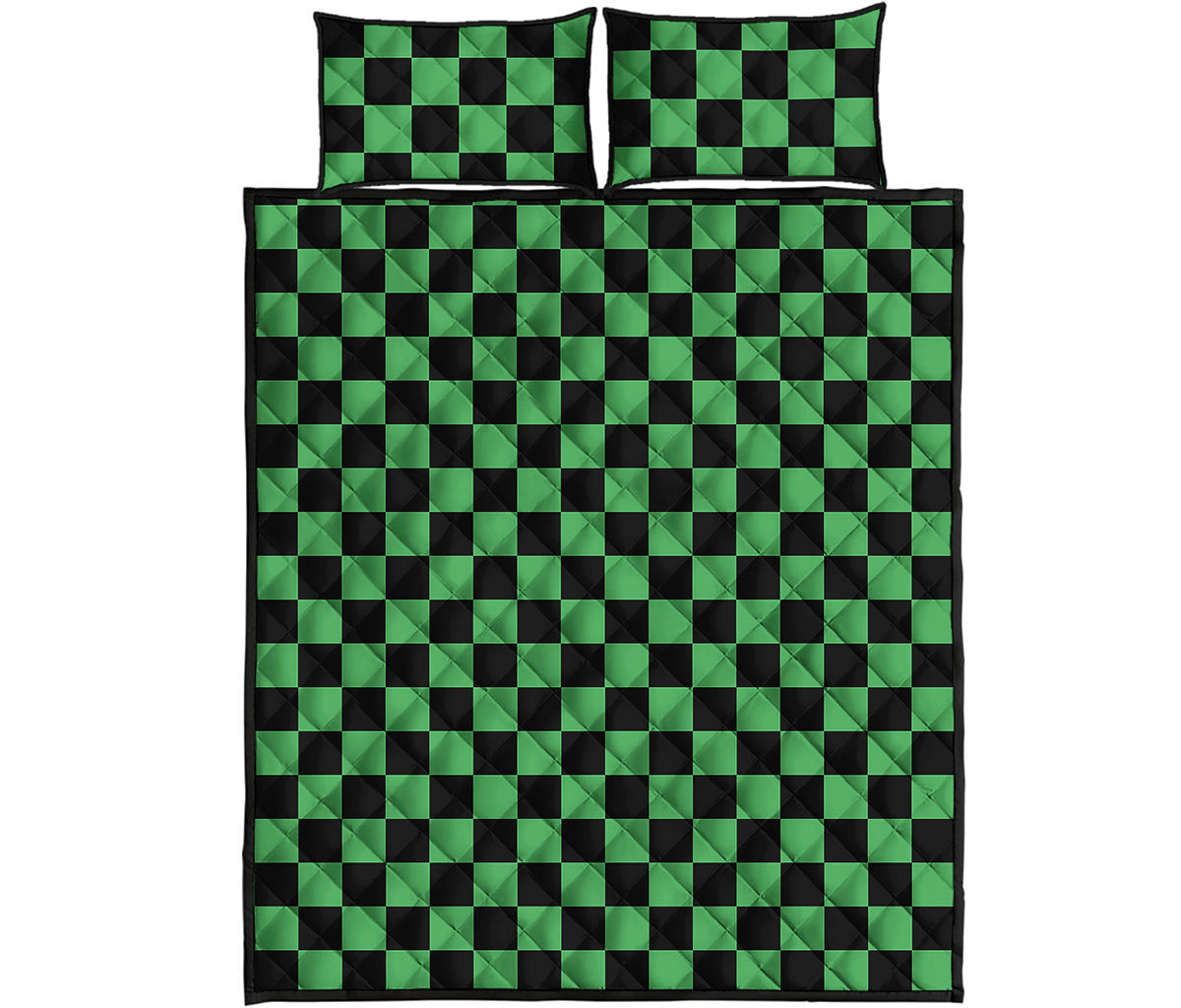 Green And Black Checkered Pattern Print Quilt Bed Set