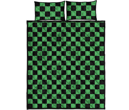 Green And Black Checkered Pattern Print Quilt Bed Set