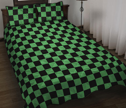 Green And Black Checkered Pattern Print Quilt Bed Set