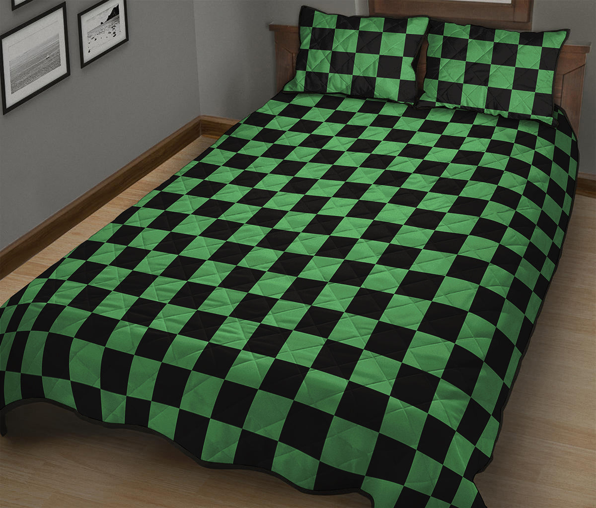 Green And Black Checkered Pattern Print Quilt Bed Set