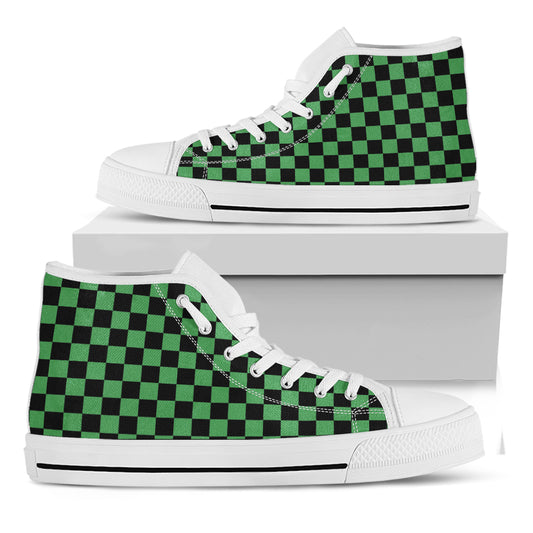 Green And Black Checkered Pattern Print White High Top Shoes
