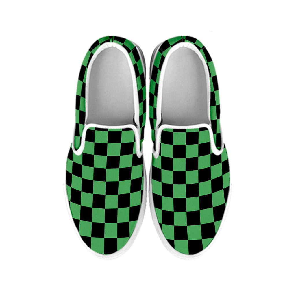 Green And Black Checkered Pattern Print White Slip On Shoes
