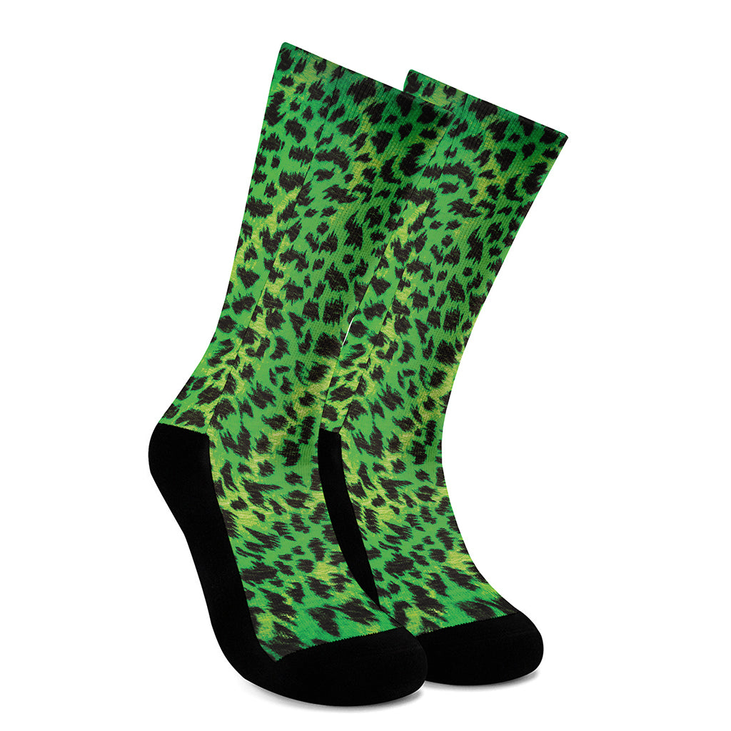 Green And Black Cheetah Print Crew Socks