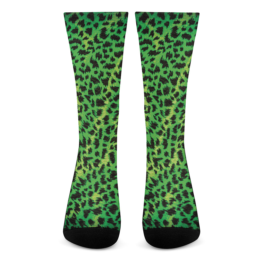 Green And Black Cheetah Print Crew Socks