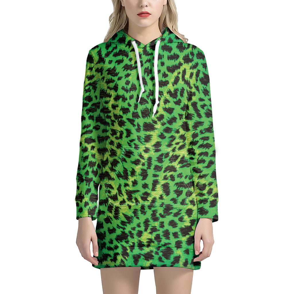 Green And Black Cheetah Print Hoodie Dress