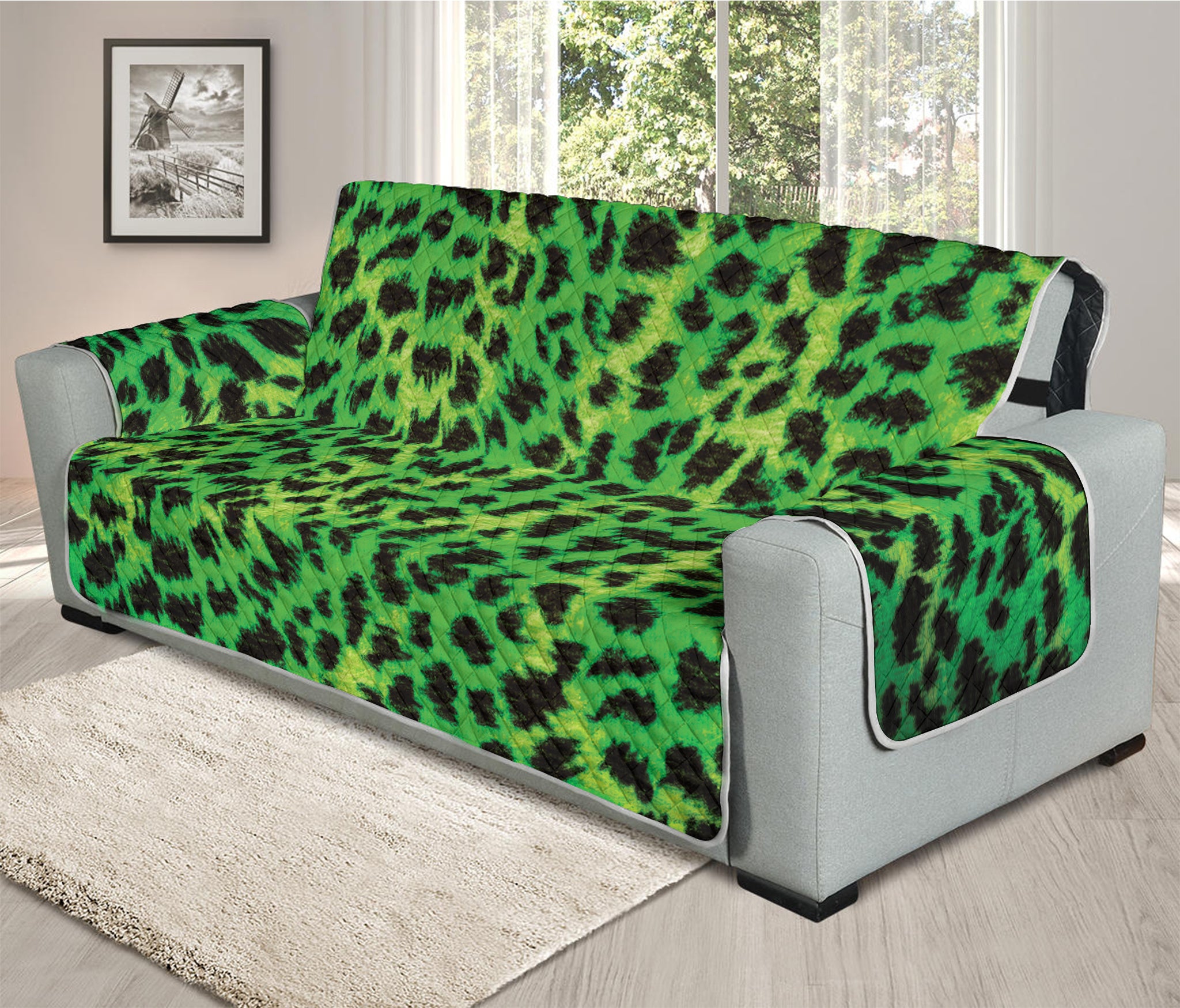 Green And Black Cheetah Print Oversized Sofa Protector