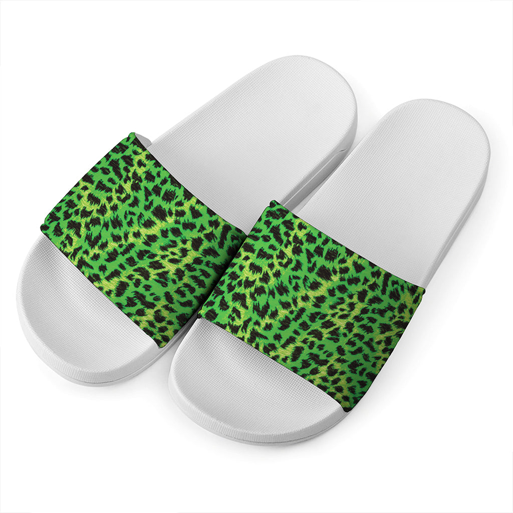 Green And Black Cheetah Print White Slide Sandals