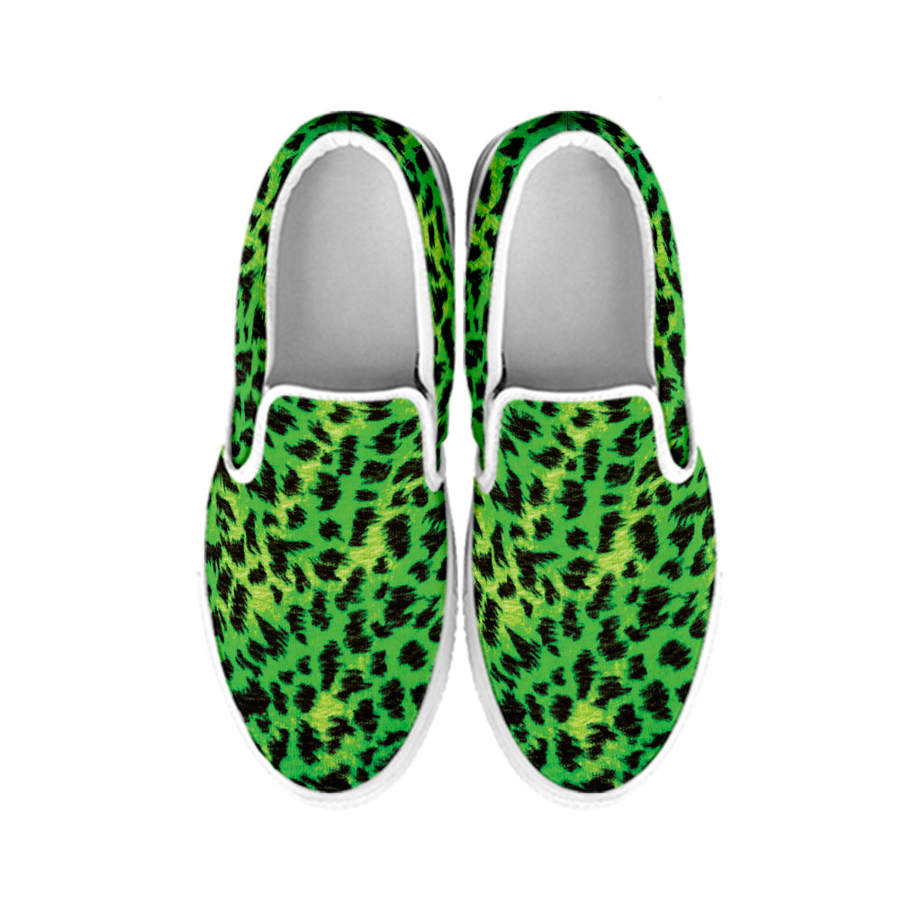 Green And Black Cheetah Print White Slip On Shoes