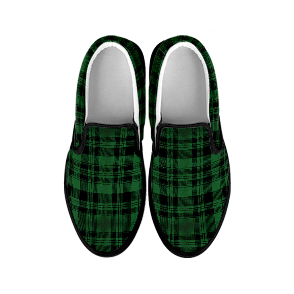 Green And Black Tartan Pattern Print Black Slip On Shoes