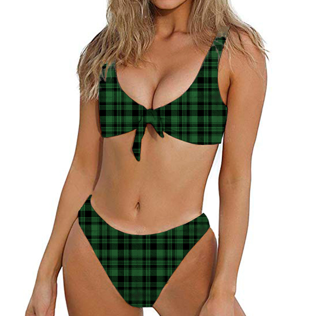 Green And Black Tartan Pattern Print Front Bow Tie Bikini