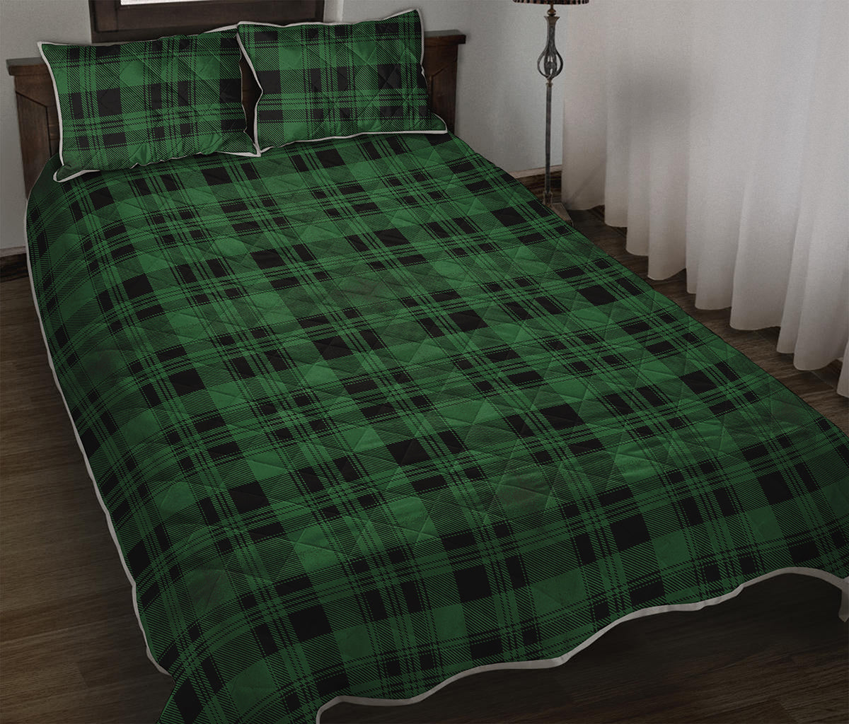 Green And Black Tartan Pattern Print Quilt Bed Set