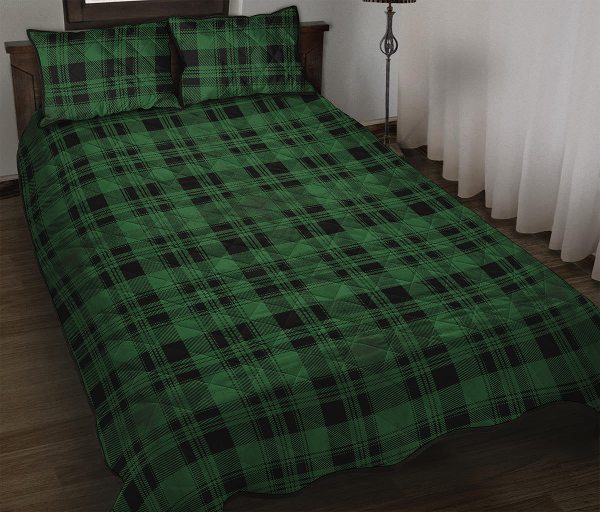 Green And Black Tartan Pattern Print Quilt Bed Set