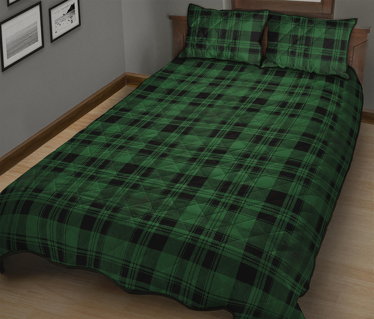 Green And Black Tartan Pattern Print Quilt Bed Set