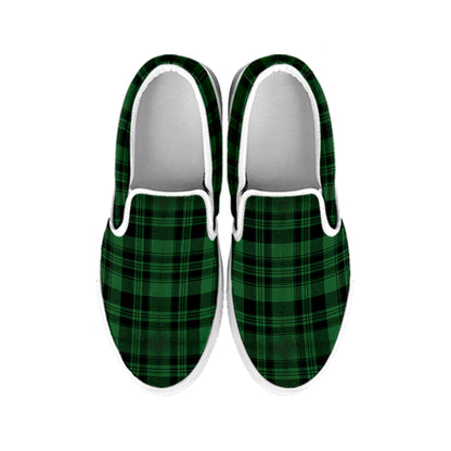 Green And Black Tartan Pattern Print White Slip On Shoes