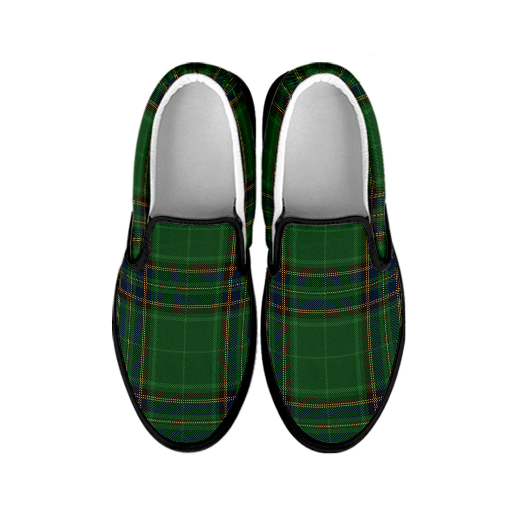 Green And Blue Stewart Tartan Print Black Slip On Shoes