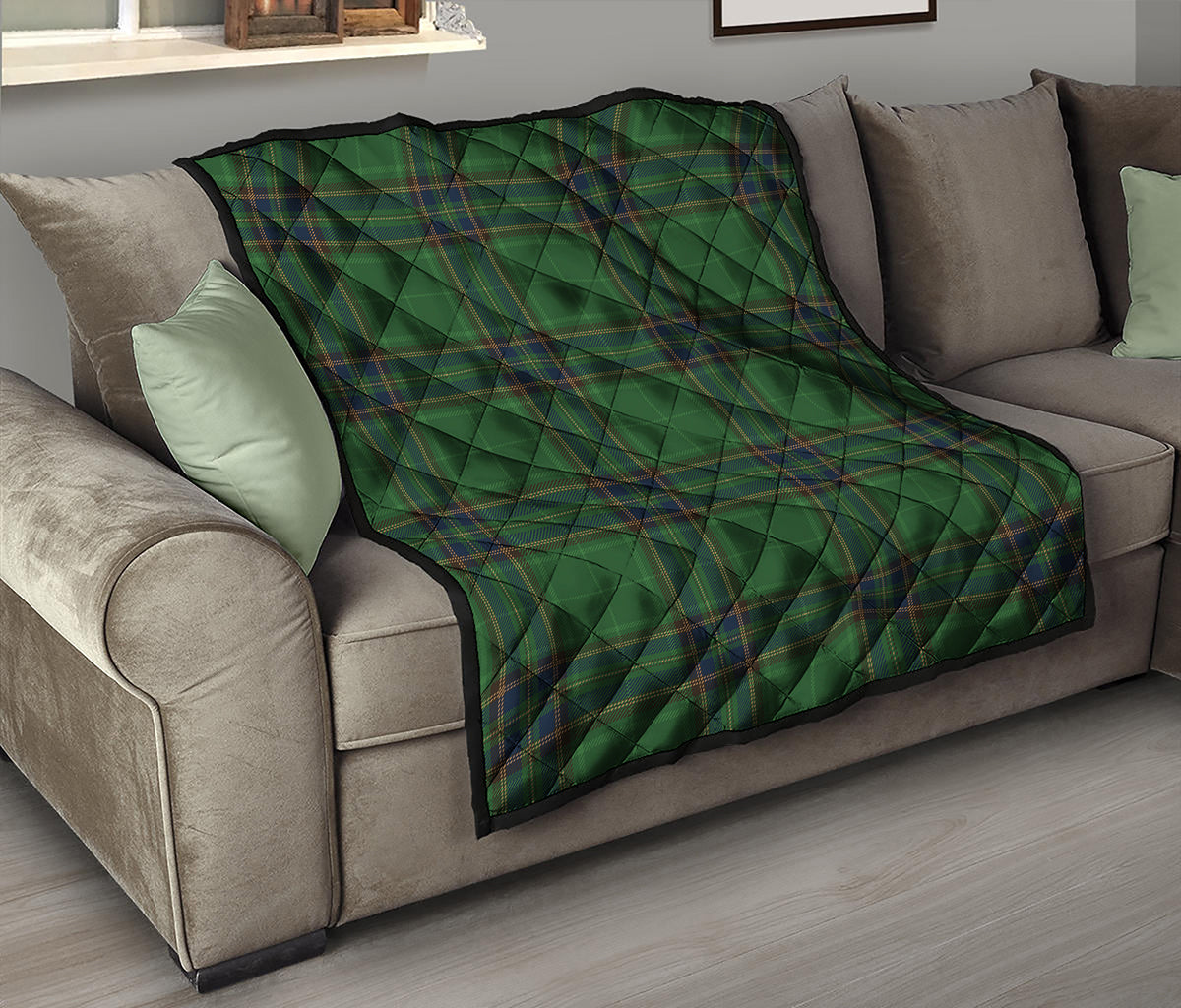 Green And Blue Stewart Tartan Print Quilt