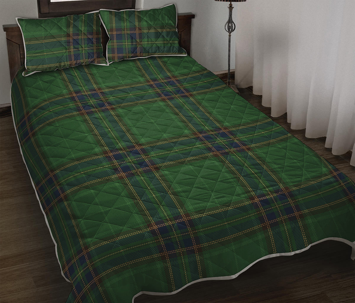 Green And Blue Stewart Tartan Print Quilt Bed Set
