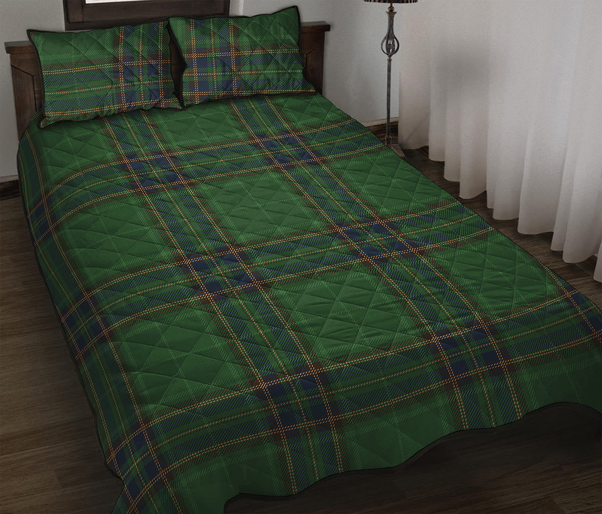 Green And Blue Stewart Tartan Print Quilt Bed Set