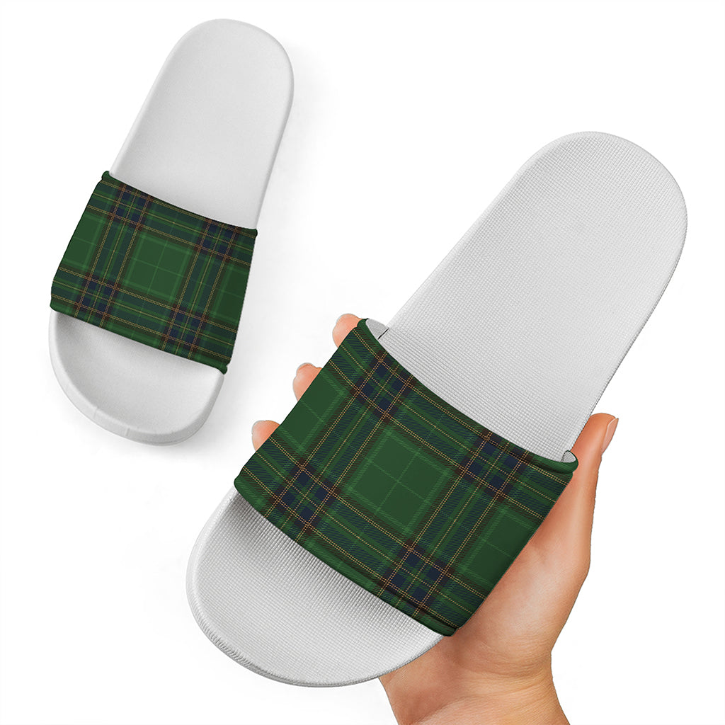 Green And Blue Stewart Tartan Print White Slide Sandals