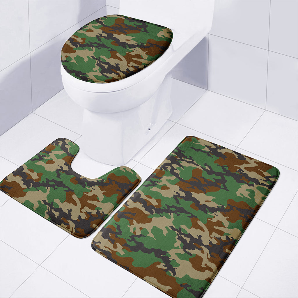 Green And Brown Camouflage Print 3 Piece Bath Mat Set