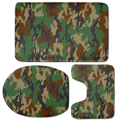 Green And Brown Camouflage Print 3 Piece Bath Mat Set
