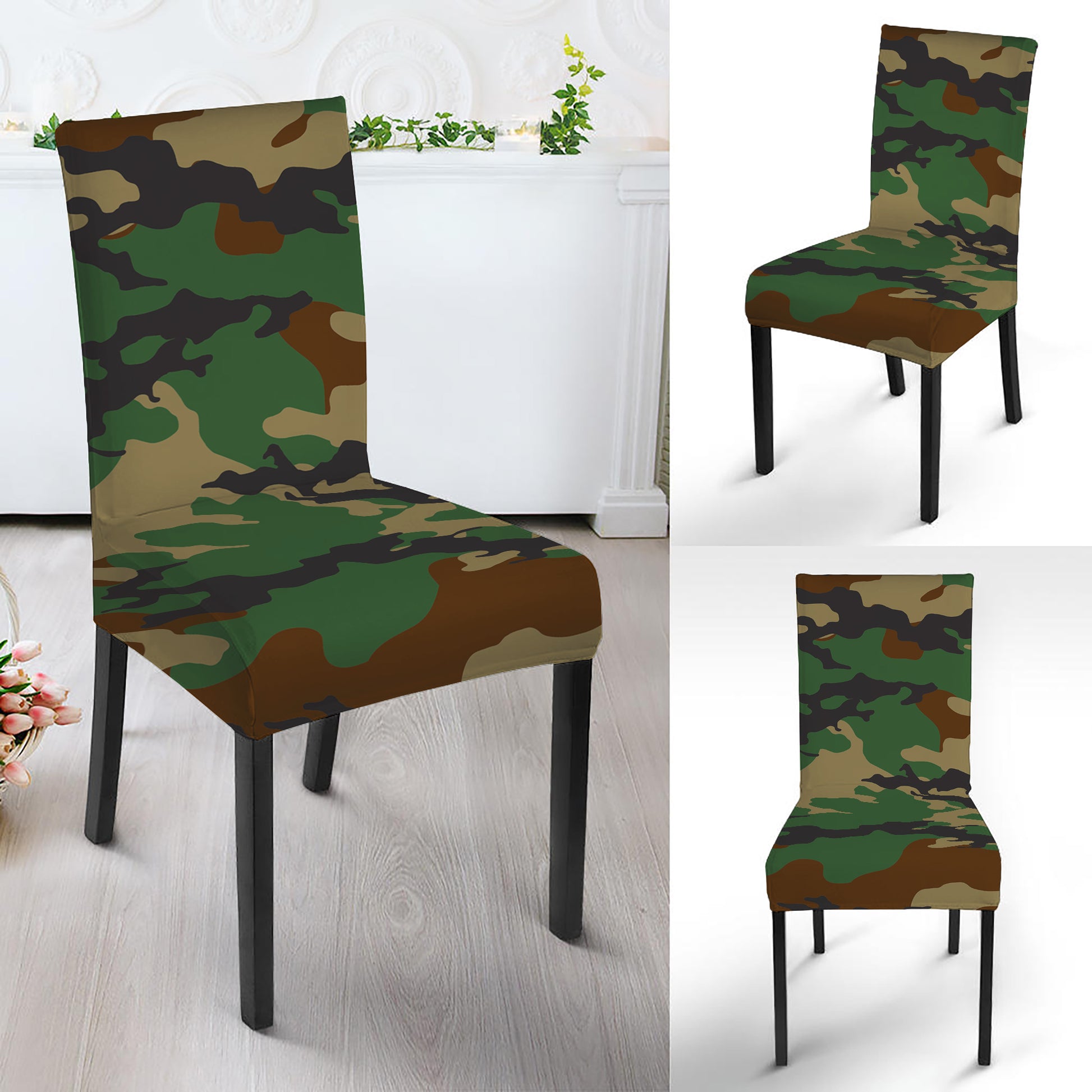 Green And Brown Camouflage Print Dining Chair Slipcover