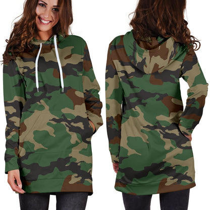 Green And Brown Camouflage Print Hoodie Dress GearFrost