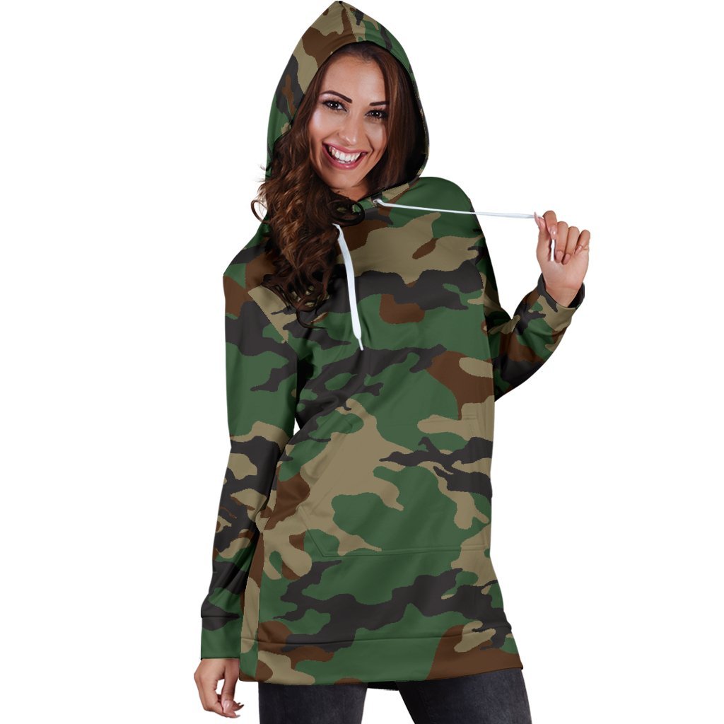 Green And Brown Camouflage Print Hoodie Dress GearFrost