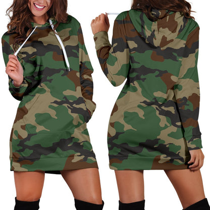 Green And Brown Camouflage Print Hoodie Dress GearFrost